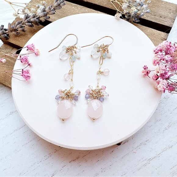New Handmade Rose Quartz with Tiny Gemstones Cluster Long Dangle Earrings - Picture 4 of 4
